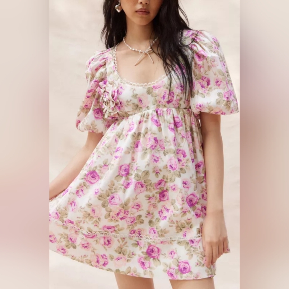 For Love & Lemons‎ Milani Floral Back Tie Cut-out Puff Babydoll Mini Dress Small